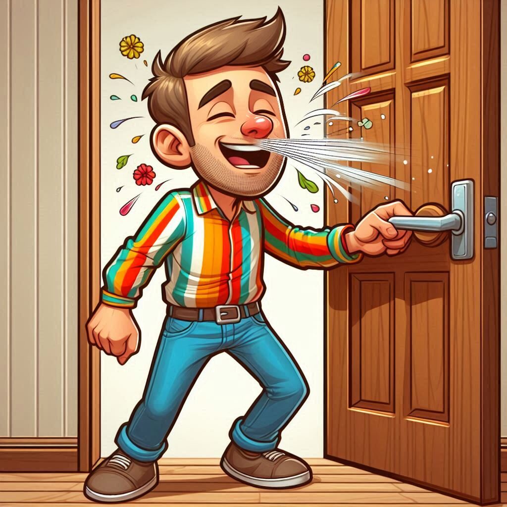 man knocking on a door while sneezing cartoon