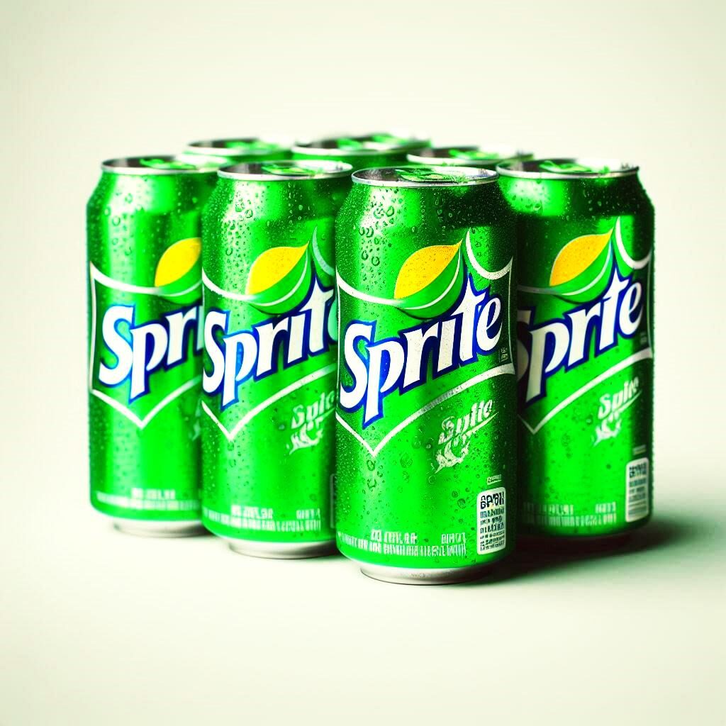 A seven-pack of soda cans that are green and look like Sprite