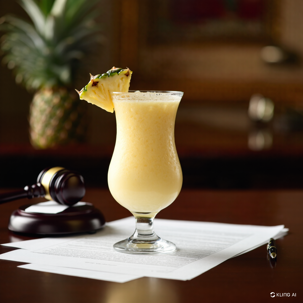 An AI image of a pina colada on top of a legal document in a very interesting legal office.